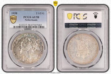 Koningin Wilhelmina 2 1/2 gulden 1938 AU58 PCGS, Verzenden, Koningin Wilhelmina, Losse munt, Zilver