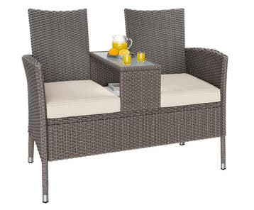 Polyrotan 2 zits Tuinbank Creme 143x55x88cm (Tafels-Stoelen), Verzenden, Nieuw
