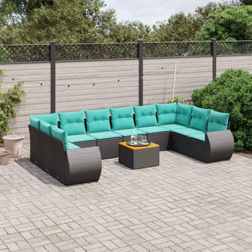 vidaXL 11-delige tuinbankset met kussens, zwart polyrotan, Verzenden, Nieuw