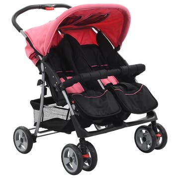 vidaXL Tweelingkinderwagen staal roze en zwart, Verzenden, Nieuw