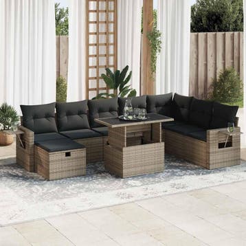 vidaXL 9-delige Loungeset met kussens poly rattan grijs, Verzenden, Nieuw, Loungeset