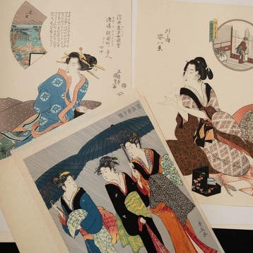 Group of three hand-printed ukiyo-e bijinga woodblock prints