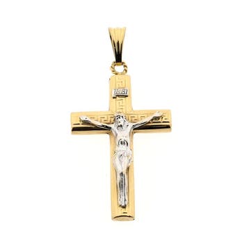 Bicolor gouden hanger van een kruis met corpus, Ophalen of Verzenden, Gebruikt, Goud, Overige merken