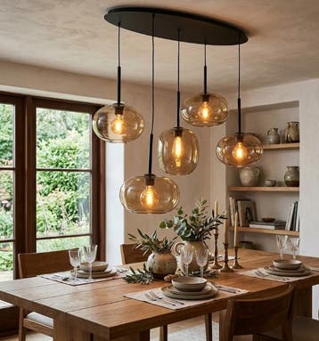 Eyecatcher: Ovale Eettafellamp 5-Lichts – Bruin Glas – Zwart, Modern-Chique, Nieuw, Ophalen of Verzenden, Glas