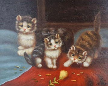 Europese school (XX) - Scena di gatti domestici, Antiek en Kunst