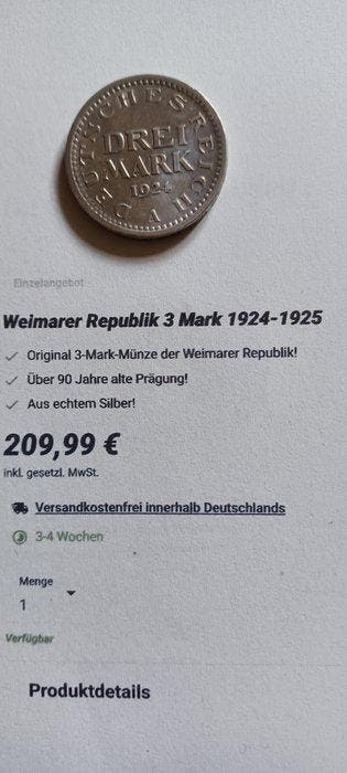 Duitsland, Weimar Republiek Adolf Friedrich V. 3 Mark 1924 A