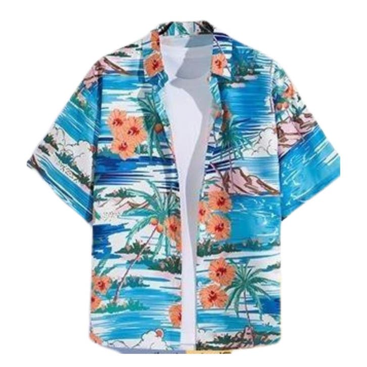 Hawaii Party Blouse – Blauw met Oranje Bloemen – - Maat M, Kleding | Heren, Carnavalskleding en Feestkleding, Nieuw, Maat 48/50 (M)