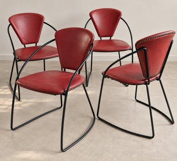 Eetkamerstoel - Leder - Set van vier vintage stoelen