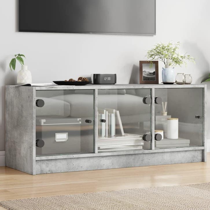 vidaXL Tv-meubel met glazen deuren 102x37x42 cm betongrijs, Huis en Inrichting, Kasten | Televisiemeubels, 25 tot 50 cm, Nieuw