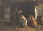 Hein Kever (1854-1922), Interieur met handwerkende moeder, Antiek en Kunst, Kunst | Schilderijen | Klassiek