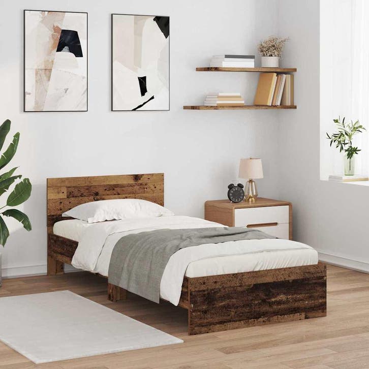 vidaXL Bedframe met hoofdeinde Oud Hout 90 x 200 cm Bewerkt, Huis en Inrichting, Slaapkamer | Bedden, Bruin, Nieuw, Hout, Verzenden