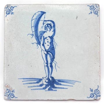 Antiek Tegel - Antieke Delftsblauwe tegel met vrouwe Fortuna, Antiek en Kunst