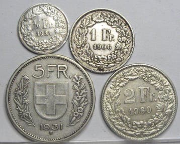 Zwitserland. Set of 4 coins: 1/2, 1, 2, 5 Francs 1906/1960, Postzegels en Munten