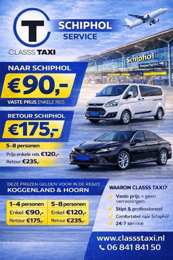 Schiphol Taxi Hoorn en Koggenland | 24/7 Service