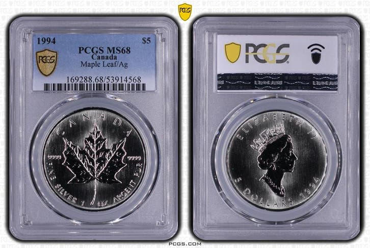 Canada 1 oz Maple Leaf 1994 PCGS MS68 gecertificeerd, Postzegels en Munten, Munten | Amerika, Noord-Amerika, Losse munt, Zilver