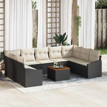 vidaXL Tuinbankenset 10 st Zwart en Crème poly rattan, Verzenden, Nieuw, Rotan, Meer dan 8 zitplaatsen