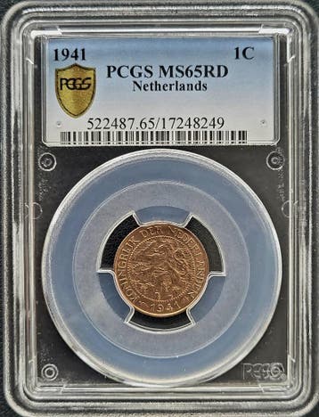 Koningin Wilhelmina 1 cent 1941 MS65 Red PCGS (pop 3/5), Verzenden, Koningin Wilhelmina, 1 cent, Losse munt