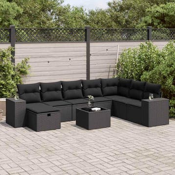 vidaXL 9-delige Loungeset met kussens poly rattan zwart, Verzenden, Nieuw, 8 zitplaatsen, Loungeset