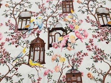 Panama-stof Tropische Chinoiserie met Kakatoe, Gabbie, Antiek en Kunst