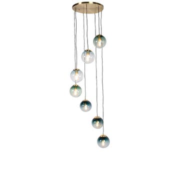 Art deco hanglamp messing met blauw glas 7-lichts - Pallon, Verzenden, Nieuw, Glas, Art Deco