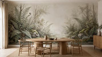 Botanisch behang – groene varens in een licht bos, Huis en Inrichting, Bladeren, Overige merken, Ophalen of Verzenden, Fotobehang