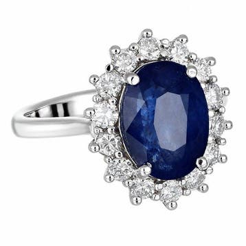 Ring - 14 karaat Witgoud - 5.88ct. tw. Saffier - Diamant -, Nieuw