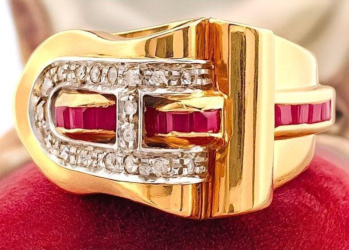 Ring - 18 karaat Geel goud Robijn - Diamant, Sieraden, Tassen en Uiterlijk, Ringen