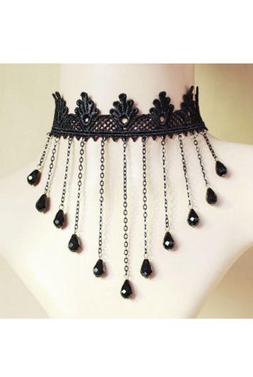 KIMU® Choker Ketting Zwart Kant Kraaltjes Kanten Zwarte Coll, Kunststof, Verstelbaar, Zwart, Nieuw
