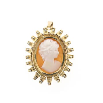 Vintage gouden hanger/broche met camee (Hanger of bedel), Ophalen of Verzenden, Gebruikt, Goud, Overige merken