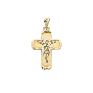 Bicolor gouden hanger van een kruis met gegraveerde corpus, Ophalen of Verzenden, Gebruikt, Goud, Overige merken