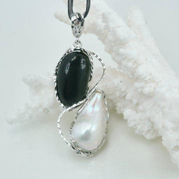 Onyx - Zilver - Ketting met hanger - Barokparel en onyx