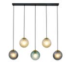 Hanglamp Noor - 5 kleurbollen met zwart/messing, Verzenden, Nieuw, Glas, 75 cm of meer
