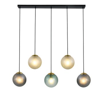 Hanglamp Noor - 5 kleurbollen met zwart/messing, Verzenden, Nieuw, Glas, 75 cm of meer