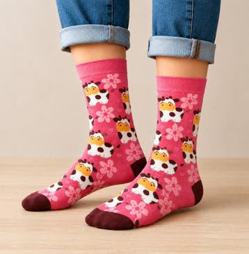 Sokken Katoen – Koeien Print – Wit Bruin Roze – Maat 36-43, Nieuw