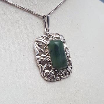 Zilver, Art Deco / Nouveau, Jadeïet - Ketting met hanger