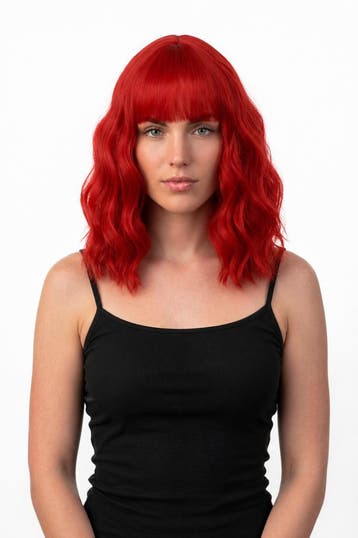 KIMU® Luxe Rood Pruik Schouderlengte Rechte Pony Krullen Don, Ophalen of Verzenden, Nieuw, Carnaval