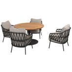Saba Calpi low dining tuinset 5 delig 130 cm rond teak, Ophalen of Verzenden, Nieuw