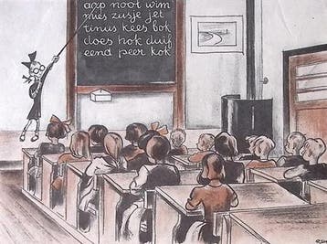 Spotprent met een kind als onderwijzeres der toekomst, Verzenden