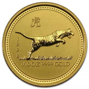 Gouden Lunar I - 1/10 oz 1998 Year of the Tiger, Verzenden, Losse munt, Goud
