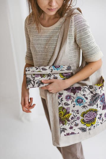 Handgemaakte linnen Opvouwbare tas - met wilde bloemen -, Nieuw