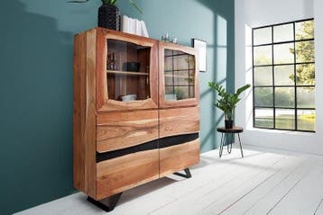 Massief dressoir AMAZONAS 140cm acacia metalen vitrinekast, Ophalen of Verzenden, Nieuw