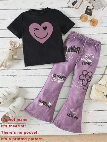 Zomerse Outfit Meisjes: Zwarte Top met Smiley Print & Paarse, Verzenden, Nieuw
