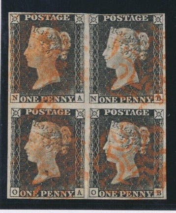 Groot-Brittannië 1840 - 1 Penny Black, vierblok van plaat 8,, Gestempeld