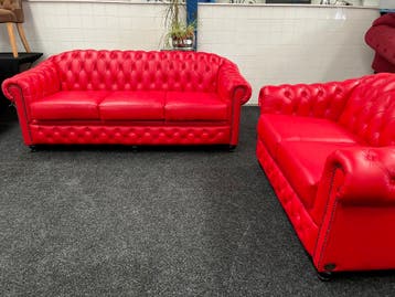 Mega Korting tot 28/6 !Showmodel 3+2 Rood leren Chesterfield, Ophalen, Zo goed als nieuw, Leer, CHESTERFIELD
