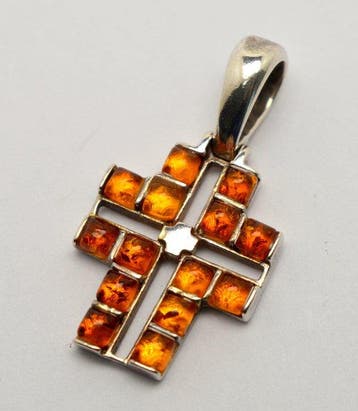 Barnsteen - 925 zilver - kruis - natuurlijk Baltisch amber -, Antiek en Kunst, Antiek | Boeken en Bijbels