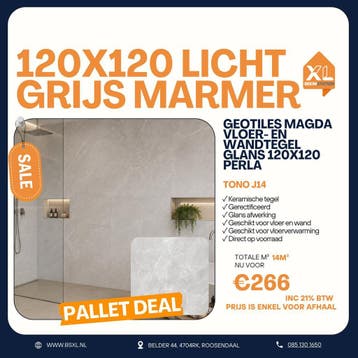 Lichtgrijze marmerlook 120x120 - Palletdeal 14m² €266, 60 cm of meer, Nieuw, Ophalen of Verzenden, 10 m² of meer