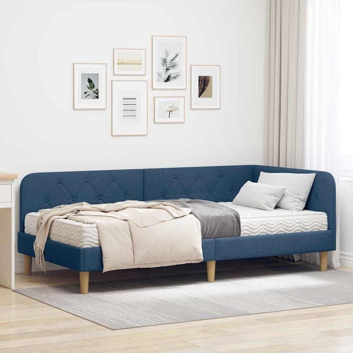 vidaXL Hoekbedframe Blauw 90 x 190 cm Stof, Huis en Inrichting, Slaapkamer | Bedden, Blauw, Nieuw, Stof, Verzenden