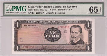 1972 El Salvador 1 Colon Pick 115a Pmg Gem Unc 65 Epq, Verzenden