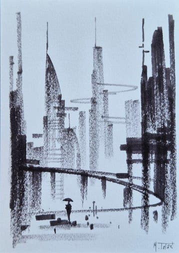 Michele Telari - Metropolis 2126 - sketch, Antiek en Kunst, Kunst | Schilderijen | Modern
