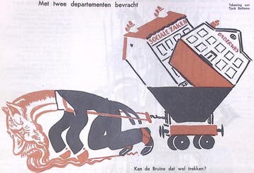 Spotprent met de Bruine als paard trekt twee departementen, Verzenden
